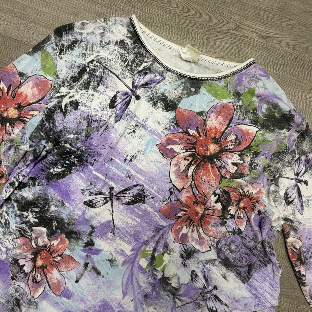 Jess & Jane Dragonflies Floral Top Womens 2X Purple Rhinestone 3/4 Sleeve USA